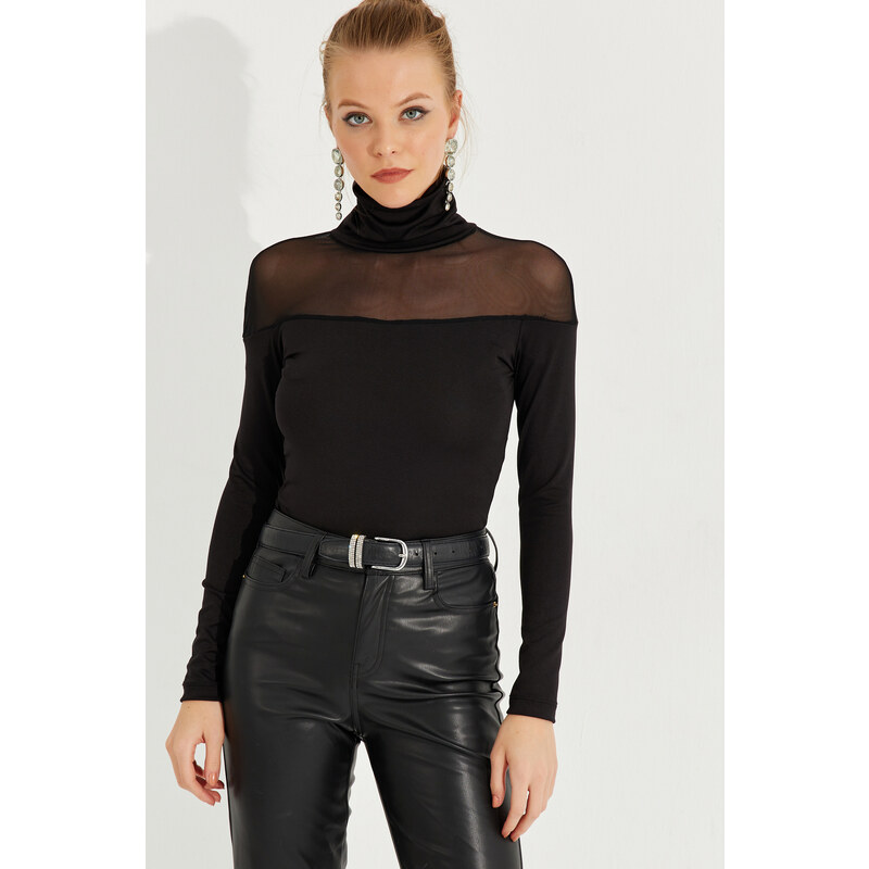 Cool & Sexy Women's Black Tulle Detailed Turtleneck Blouse