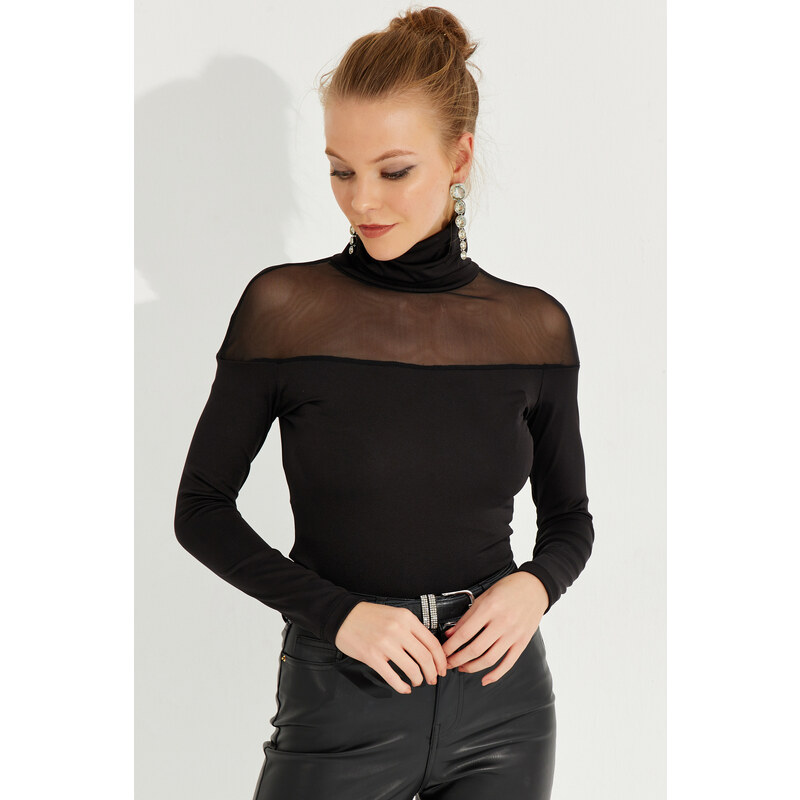 Cool & Sexy Women's Black Tulle Detailed Turtleneck Blouse