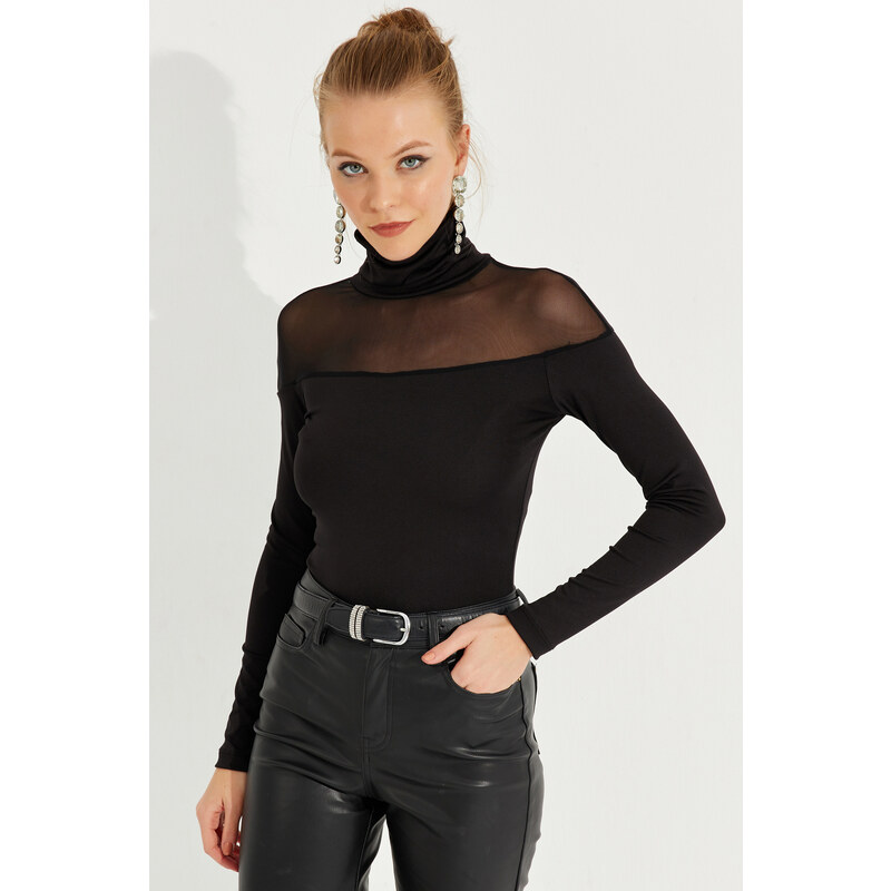 Cool & Sexy Women's Black Tulle Detailed Turtleneck Blouse