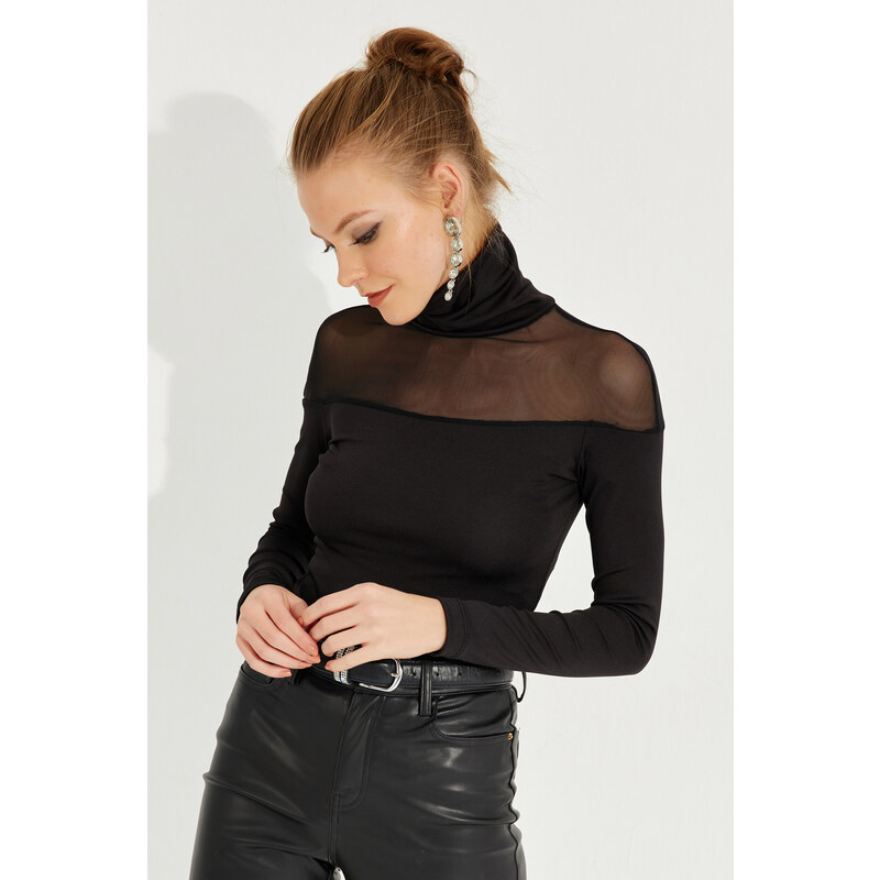 Cool & Sexy Women's Black Tulle Detailed Turtleneck Blouse