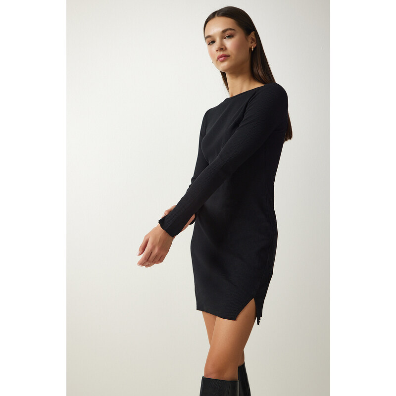 Happiness İstanbul Women's Black Mini Slit Ribbed Knitted Dress