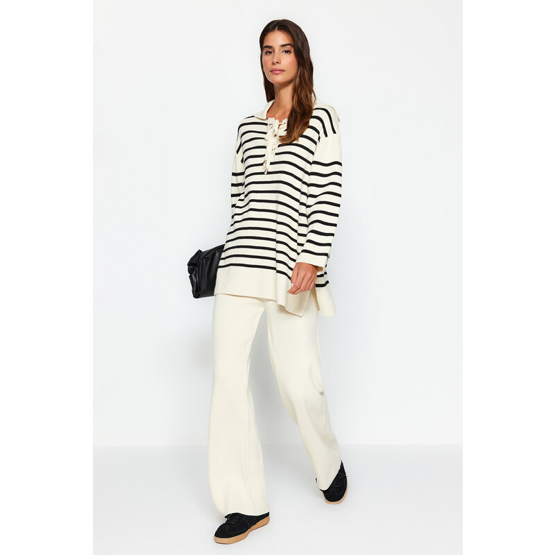 Trendyol Beige Striped Collar Tie Detail Sweater-Trousers Knitwear Two Piece Set