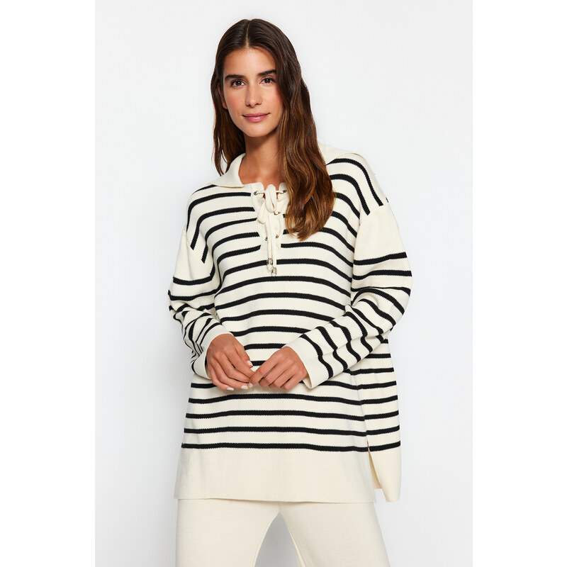 Trendyol Beige Striped Collar Tie Detail Sweater-Trousers Knitwear Two Piece Set