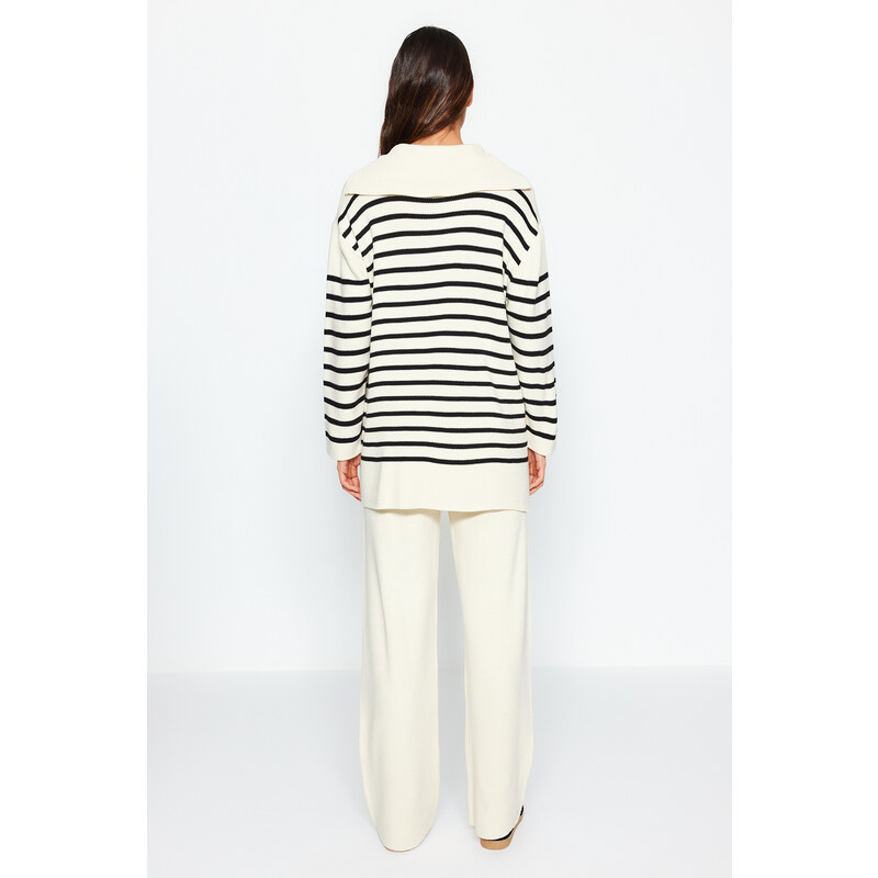 Trendyol Beige Striped Collar Tie Detail Sweater-Trousers Knitwear Two Piece Set