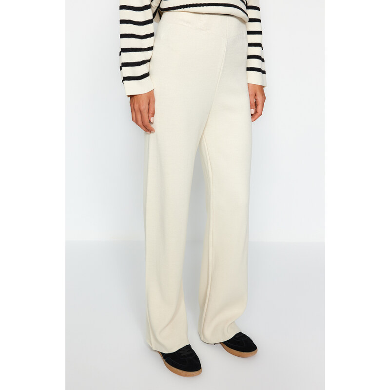 Trendyol Beige Striped Collar Tie Detail Sweater-Trousers Knitwear Two Piece Set