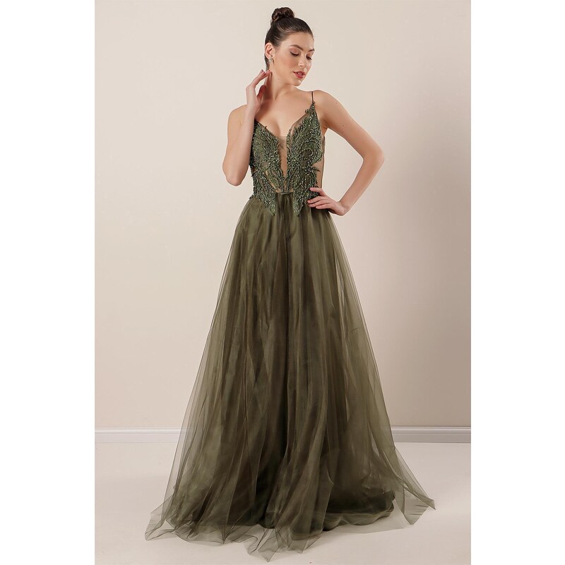 By Saygı Rope Strap Guipure Bead Detailed Lined Long Tulle Dress