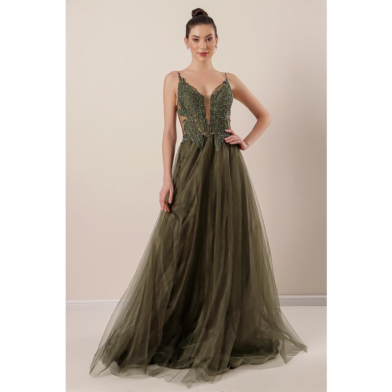 By Saygı Rope Strap Guipure Bead Detailed Lined Long Tulle Dress
