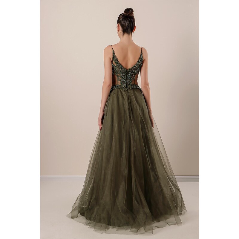 By Saygı Rope Strap Guipure Bead Detailed Lined Long Tulle Dress