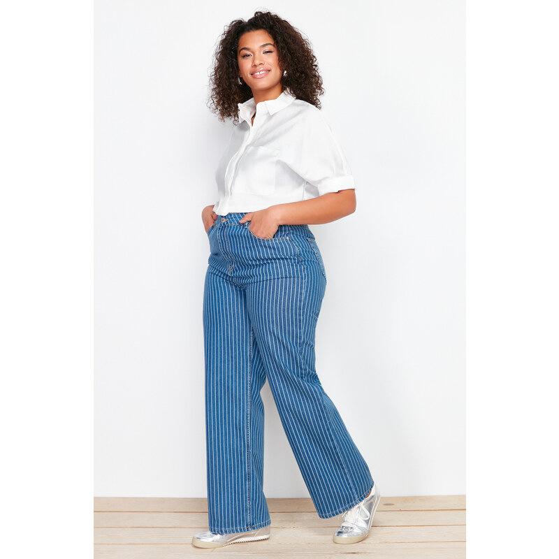 Trendyol Curve Dark Blue Striped Wide Cut Jeans