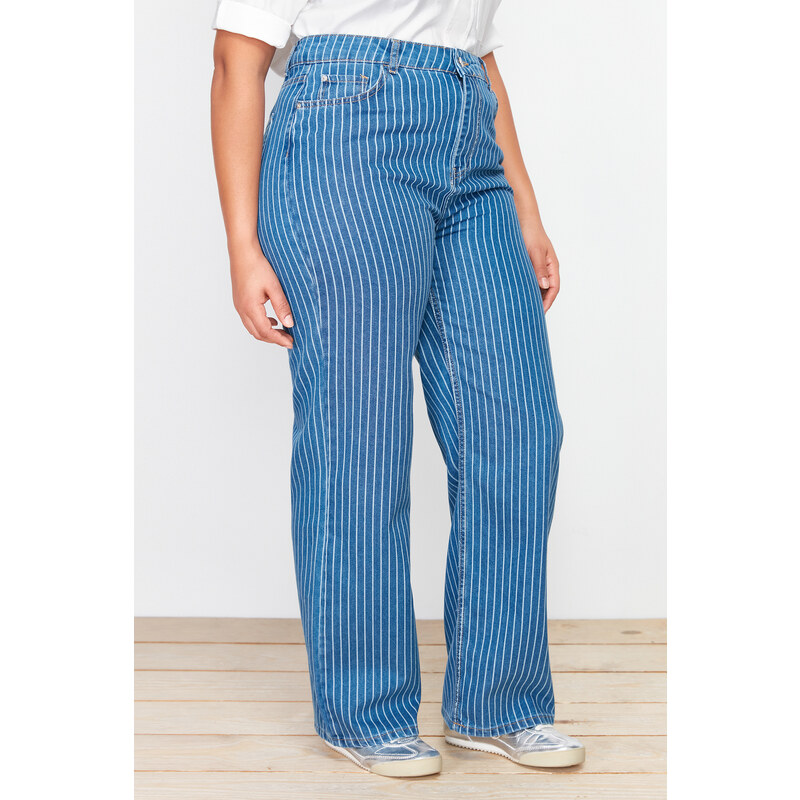 Trendyol Curve Dark Blue Striped Wide Cut Jeans