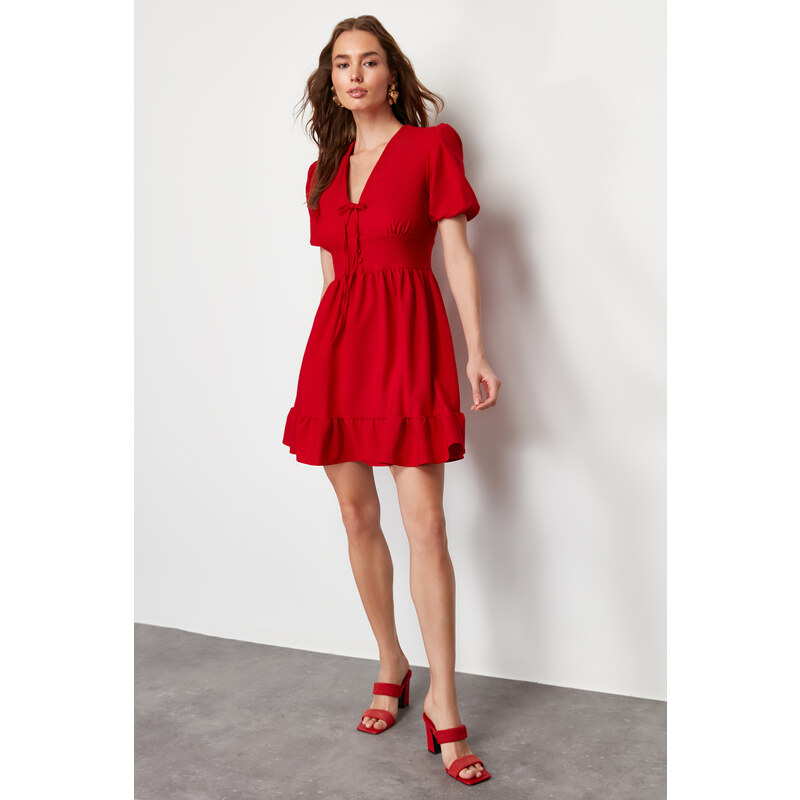 Trendyol Red V-Neck Bow Detailed Mini Woven Dress