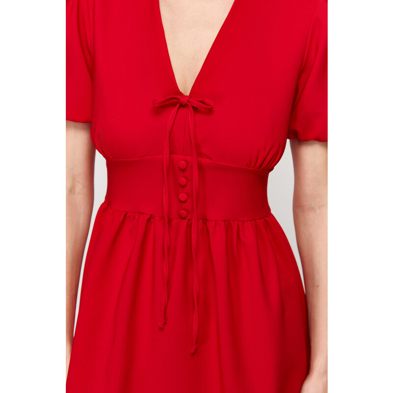 Trendyol Red V-Neck Bow Detailed Mini Woven Dress