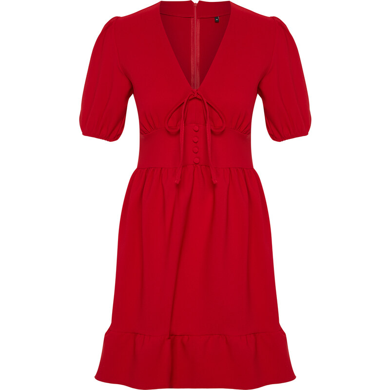 Trendyol Red V-Neck Bow Detailed Mini Woven Dress