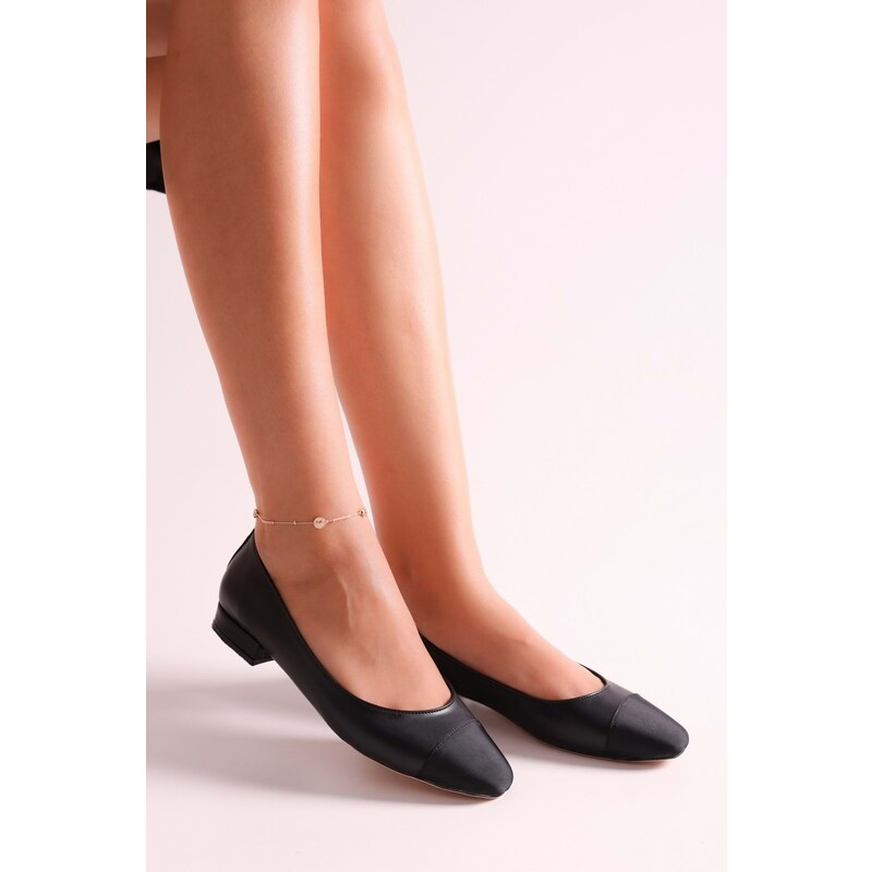 Shoeberry Women's Ellisy Black Two-tone Oval Toe Flats Black Skin.