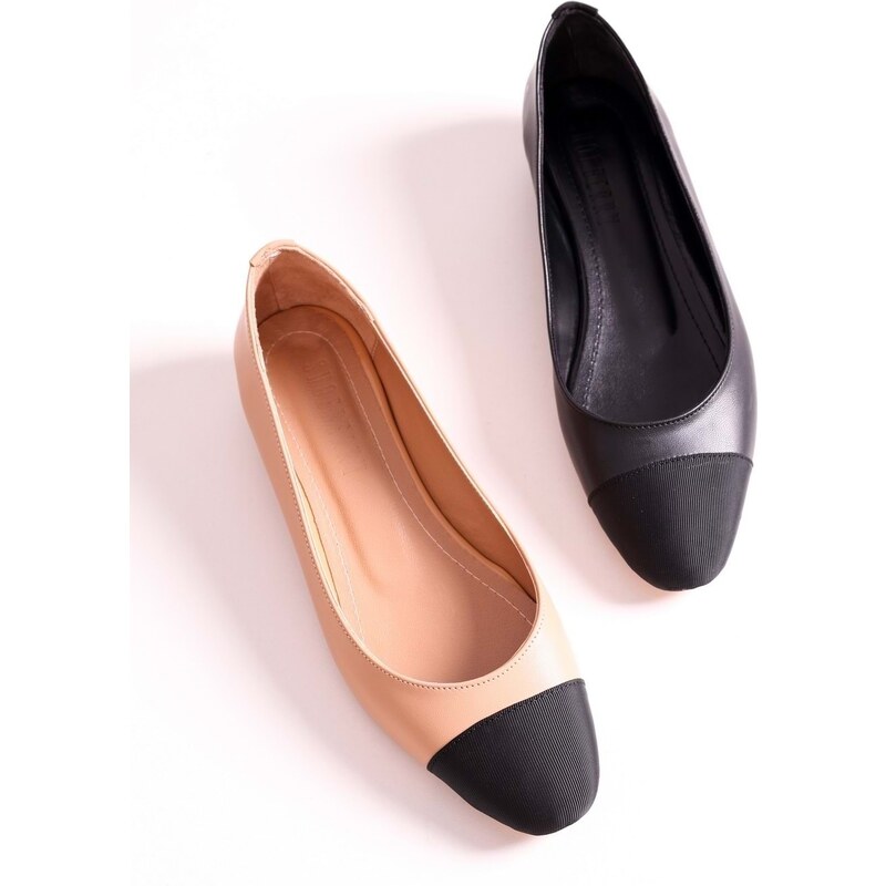 Shoeberry Women's Ellisy Black Two-tone Oval Toe Flats Black Skin.