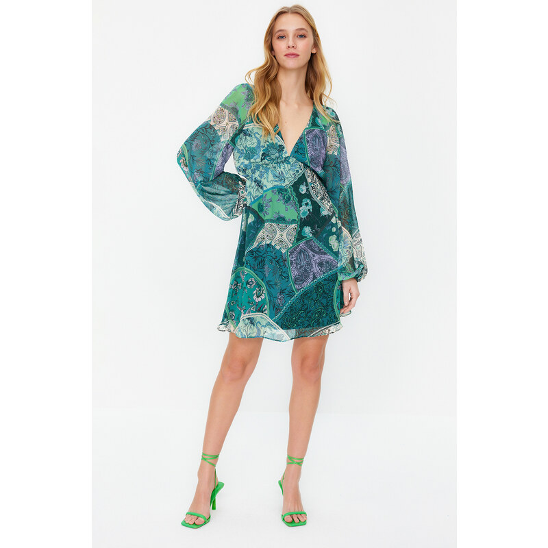 Trendyol Green Ethnic Patterned A-Line Collar Tied Mini Lined