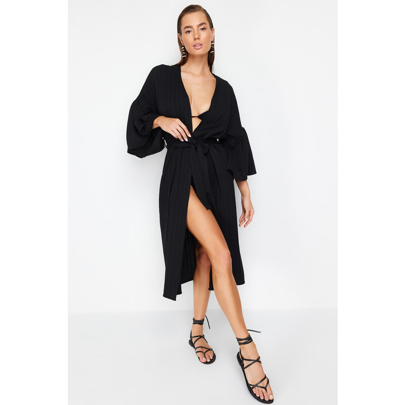 Trendyol Black Belted Maxi Woven Flounce Linen Blended Kimono & Kaftan