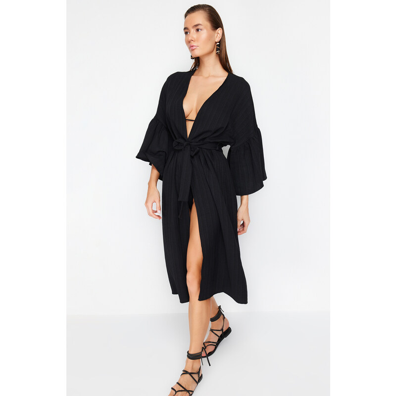 Trendyol Black Belted Maxi Woven Flounce Linen Blended Kimono & Kaftan