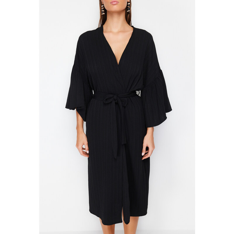 Trendyol Black Belted Maxi Woven Flounce Linen Blended Kimono & Kaftan