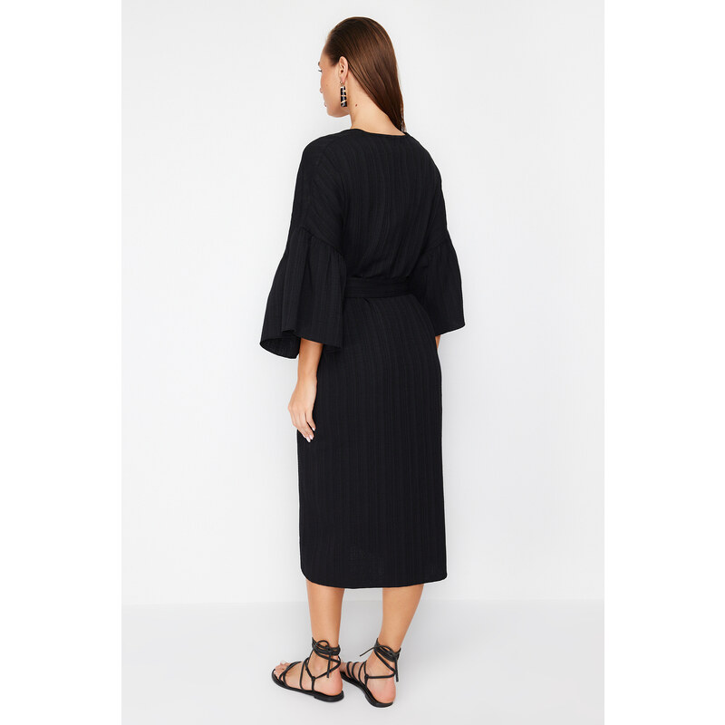 Trendyol Black Belted Maxi Woven Flounce Linen Blended Kimono & Kaftan