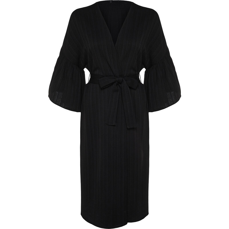 Trendyol Black Belted Maxi Woven Flounce Linen Blended Kimono & Kaftan