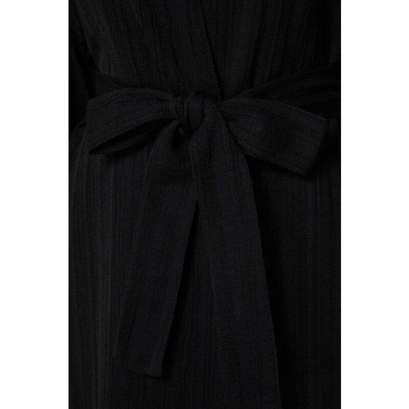 Trendyol Black Belted Maxi Woven Flounce Linen Blended Kimono & Kaftan