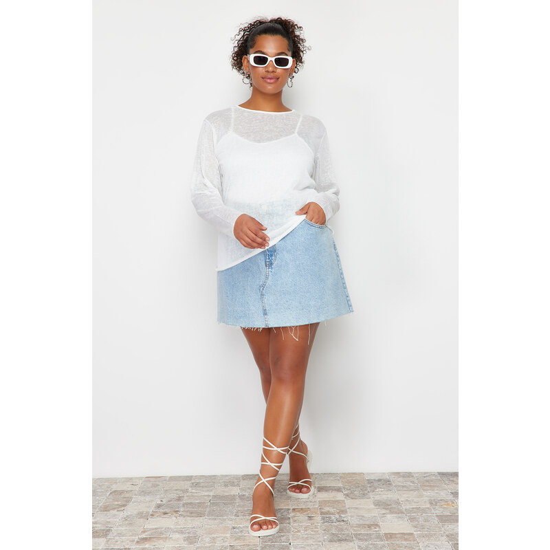 Trendyol Curve White Linen Look Transparent Knitted Blouse