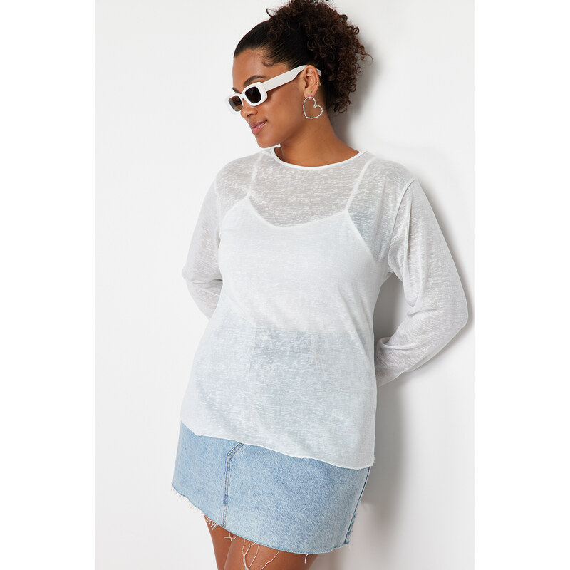 Trendyol Curve White Linen Look Transparent Knitted Blouse