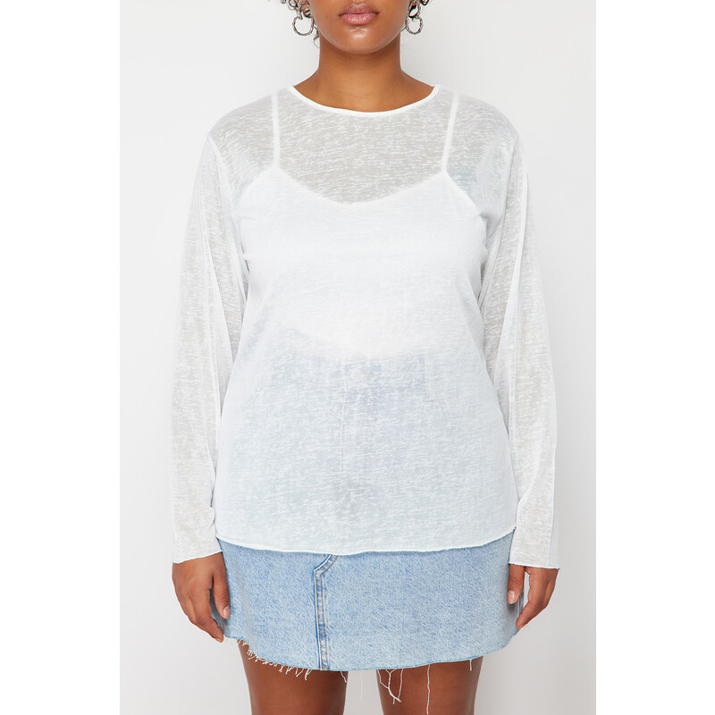 Trendyol Curve White Linen Look Transparent Knitted Blouse