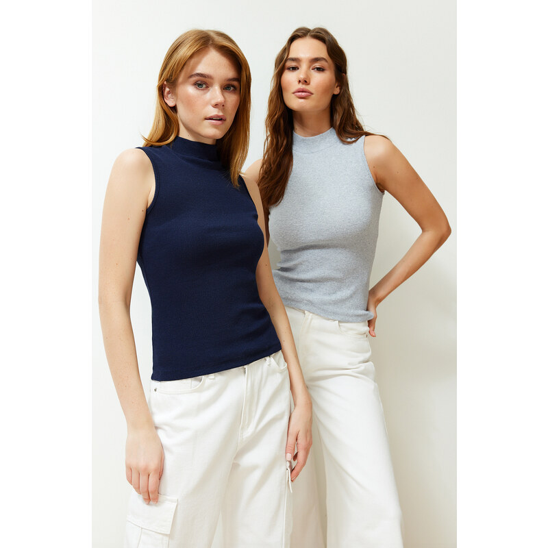 Trendyol Navy Blue-Grey Melange 2-Pack Fitted Ribbed Stretch Knit Blouse