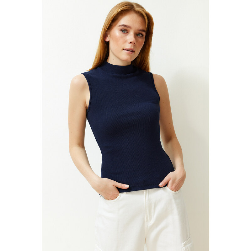 Trendyol Navy Blue-Grey Melange 2-Pack Fitted Ribbed Stretch Knit Blouse