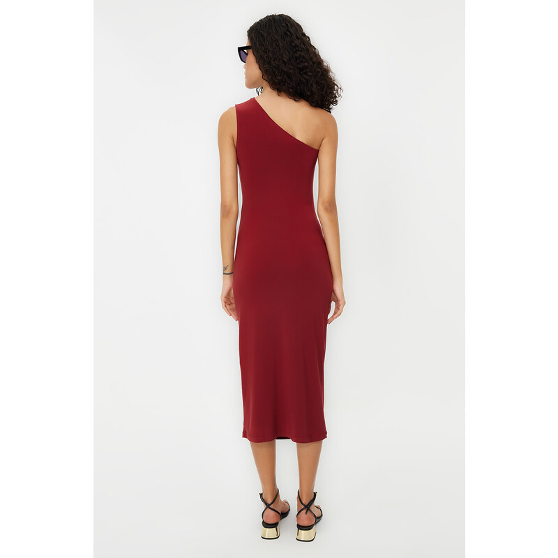 Trendyol Tile One Shoulder Draped Fitted Midi Stretch Knitted Dress