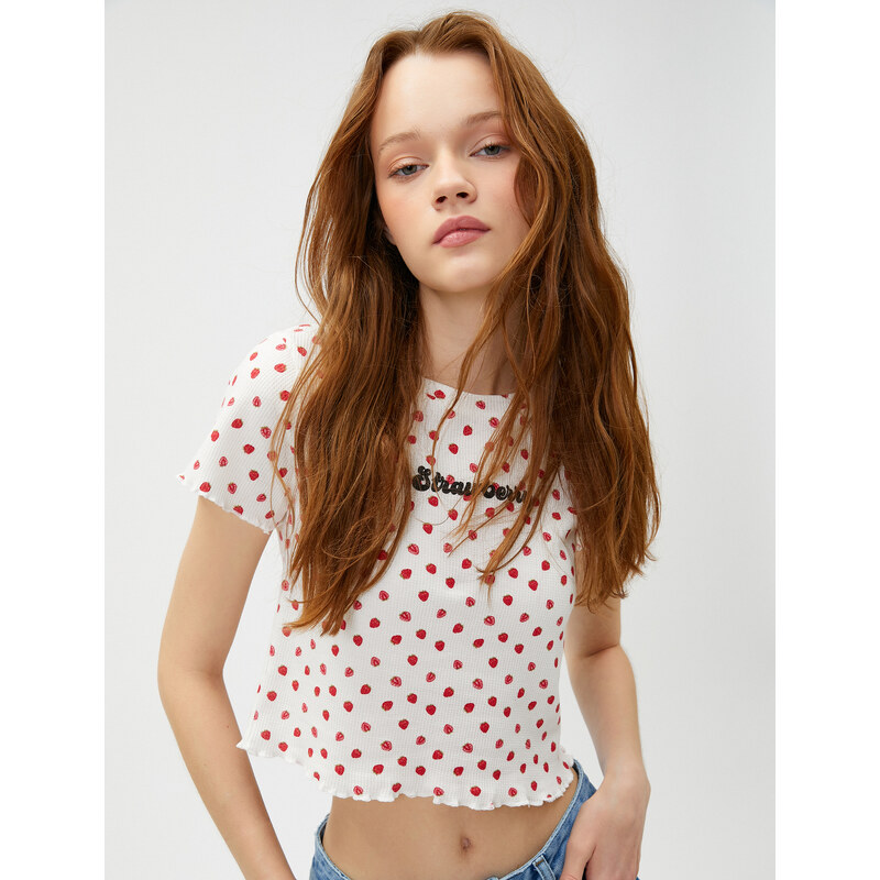 Koton Crop T-Shirt Printed Short Sleeves Crew Neck