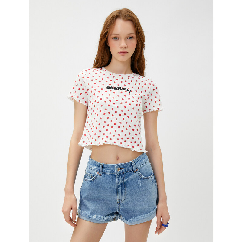 Koton Crop T-Shirt Printed Short Sleeves Crew Neck