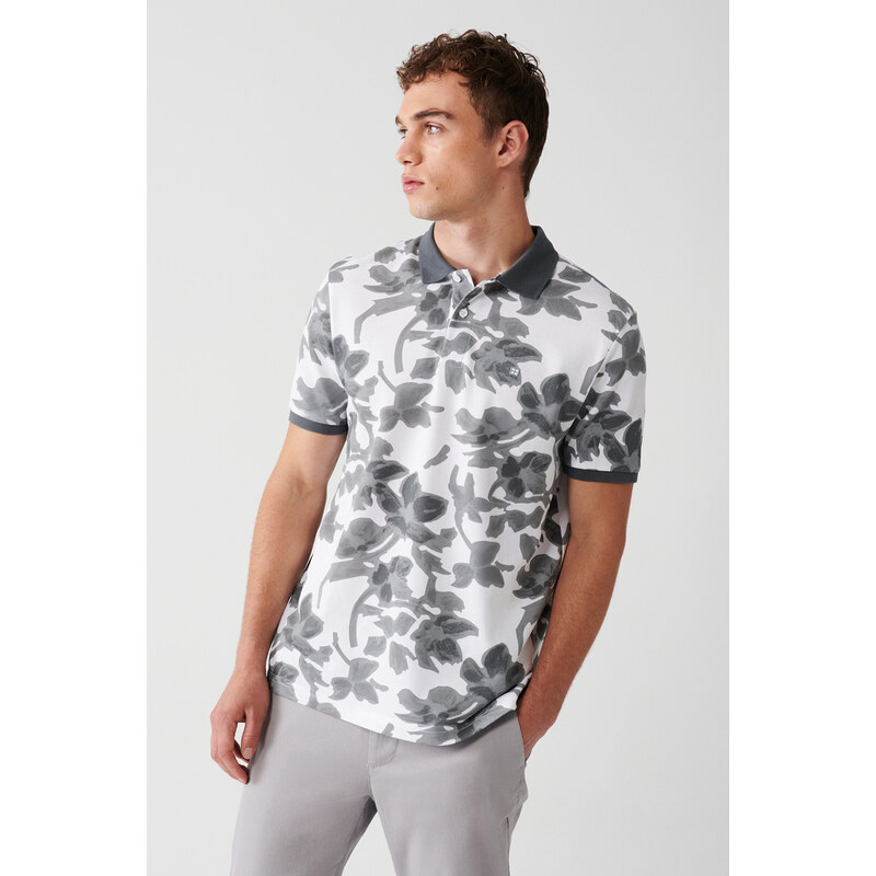 Avva Men's Anthracite 100% Cotton Floral Print Regular Fit 2 Button Polo Neck T-shirt