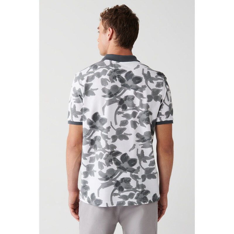 Avva Men's Anthracite 100% Cotton Floral Print Regular Fit 2 Button Polo Neck T-shirt