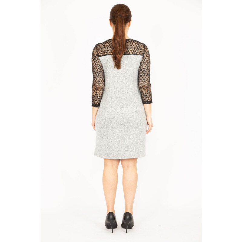 Şans Women's Plus Size Gray Dress With Lace Detail