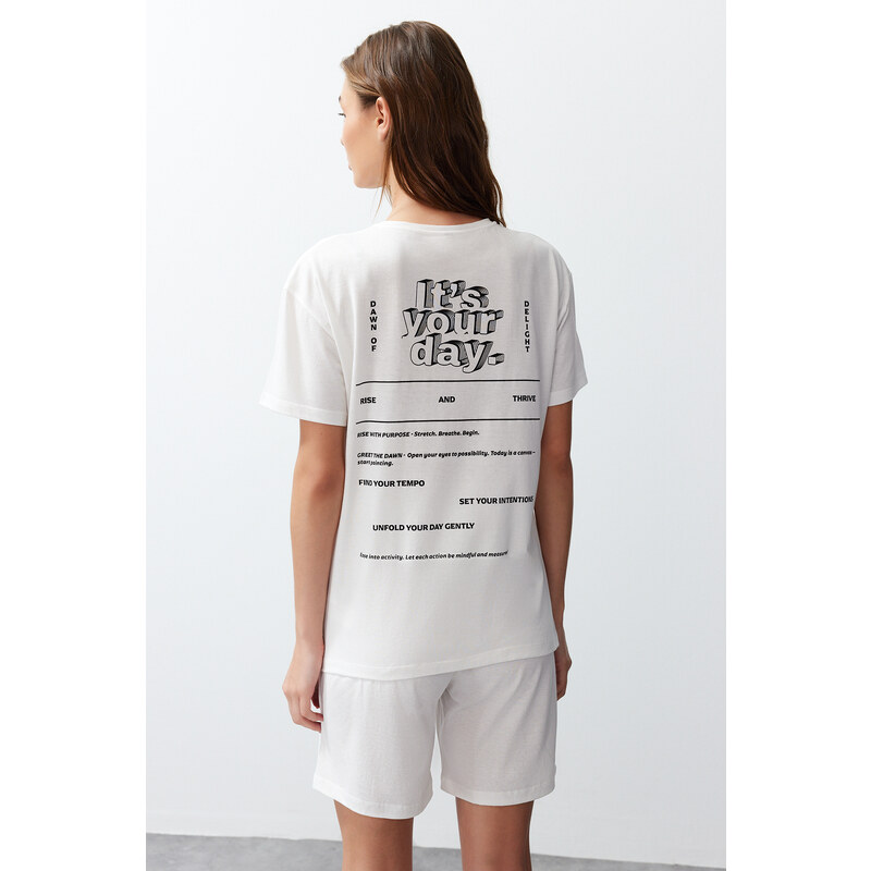 Trendyol Women's Couple Ecru 100% Cotton Slogan Printed Knitted Pajama Set