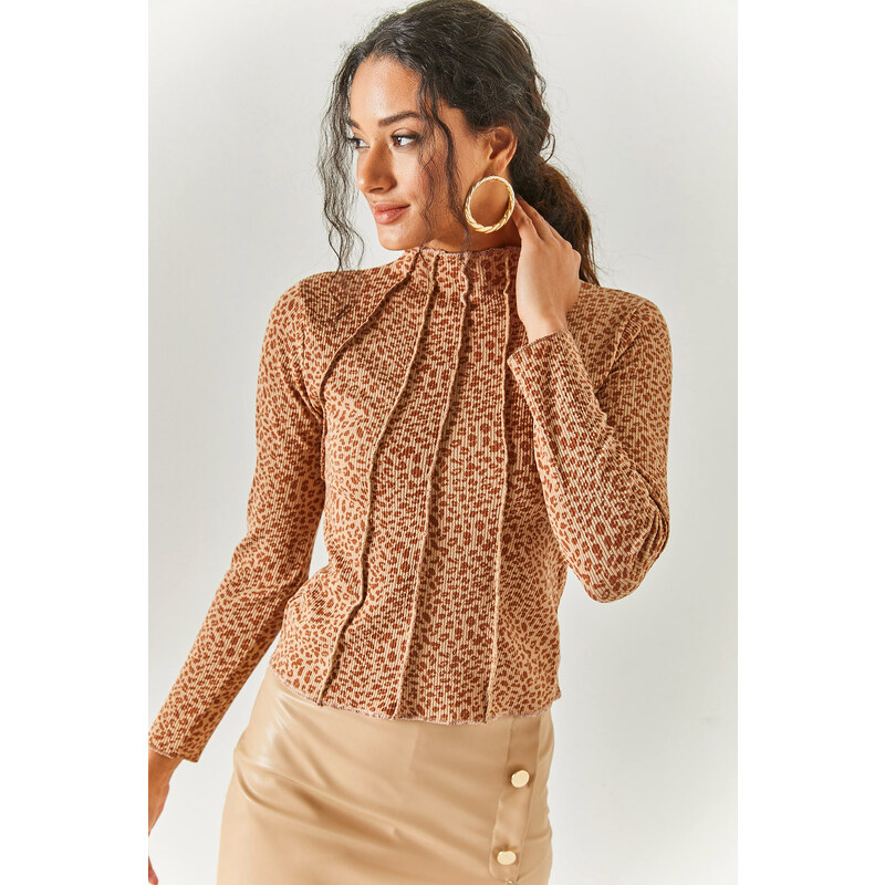 Olalook Women's Leopard Brown Pieced High Neck Lycra Crop Blouse