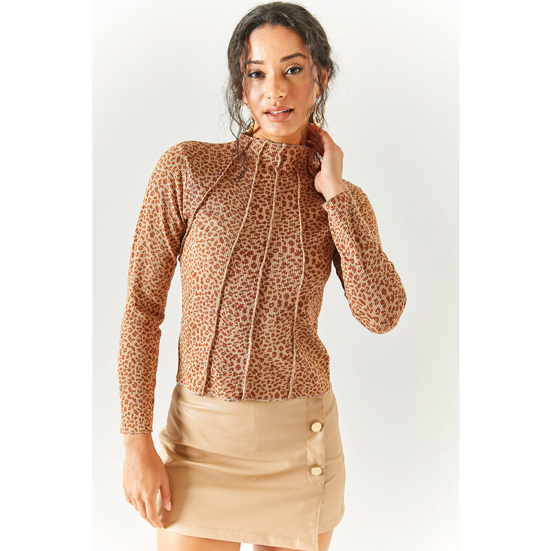 Olalook Women's Leopard Brown Pieced High Neck Lycra Crop Blouse