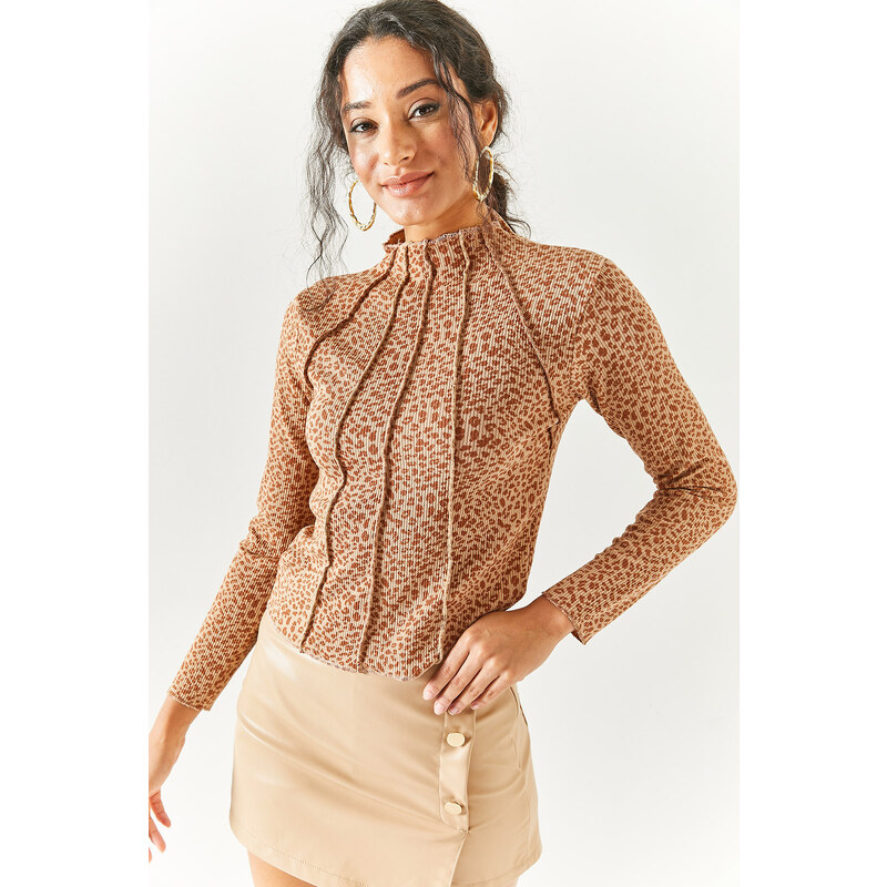 Olalook Women's Leopard Brown Pieced High Neck Lycra Crop Blouse