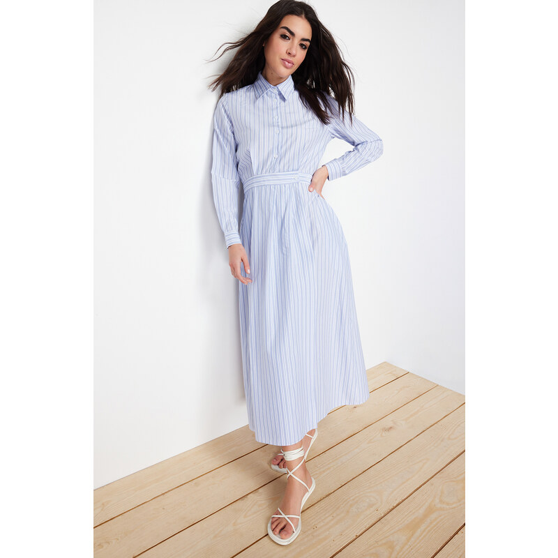 Trendyol Blue Shirt Collar Striped Woven Dress