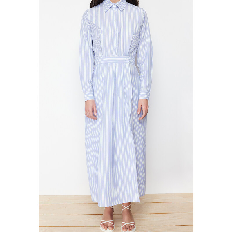 Trendyol Blue Shirt Collar Striped Woven Dress