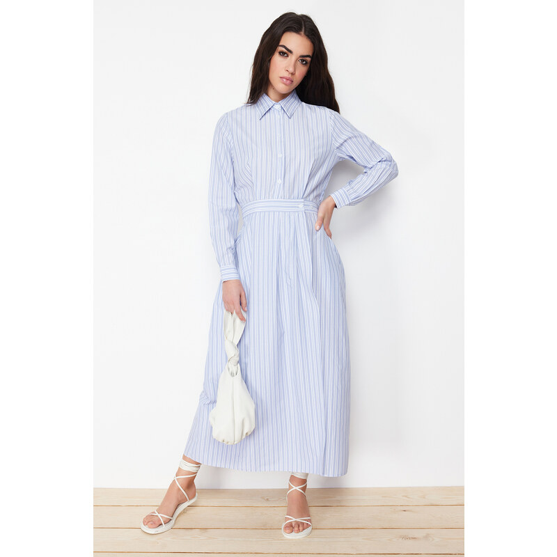 Trendyol Blue Shirt Collar Striped Woven Dress