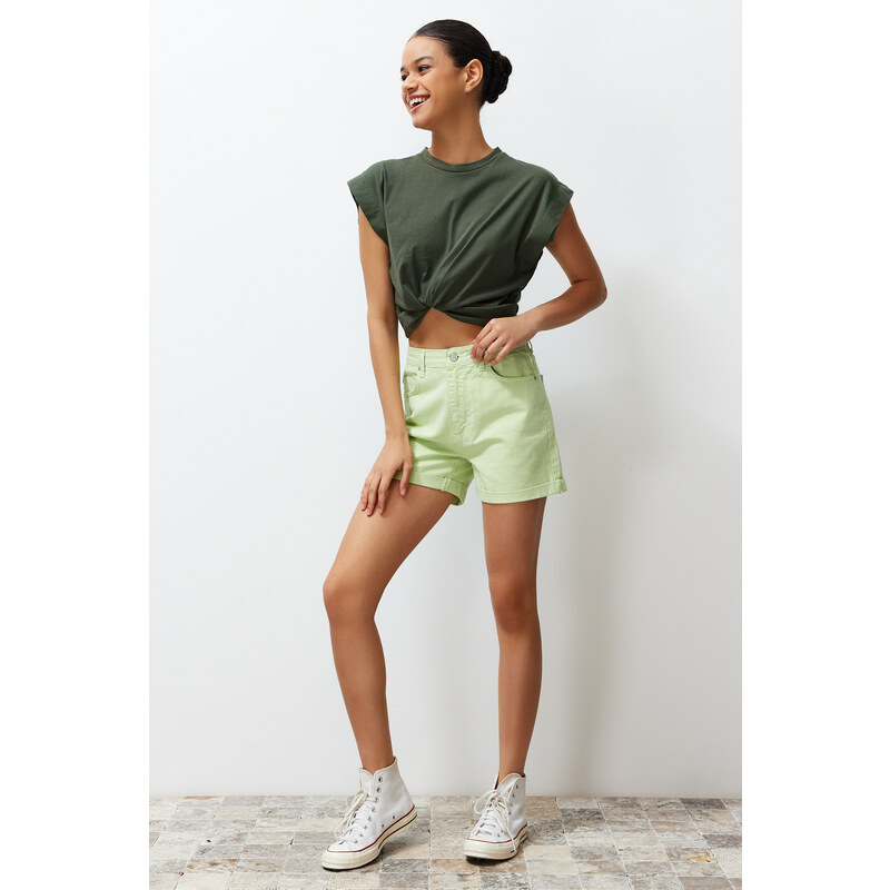 Trendyol Water Green Folded High Waist Denim Shorts