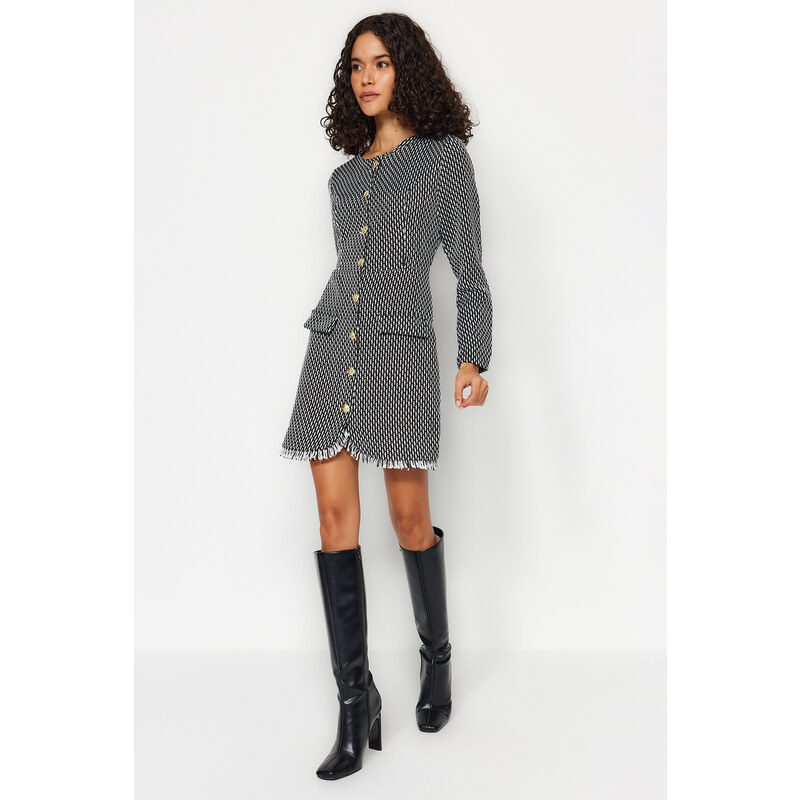 Trendyol Black Straight Cut Buttoned Tweed Woven Jacket Dress