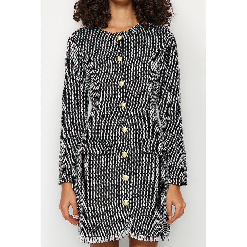 Trendyol Black Straight Cut Buttoned Tweed Woven Jacket Dress