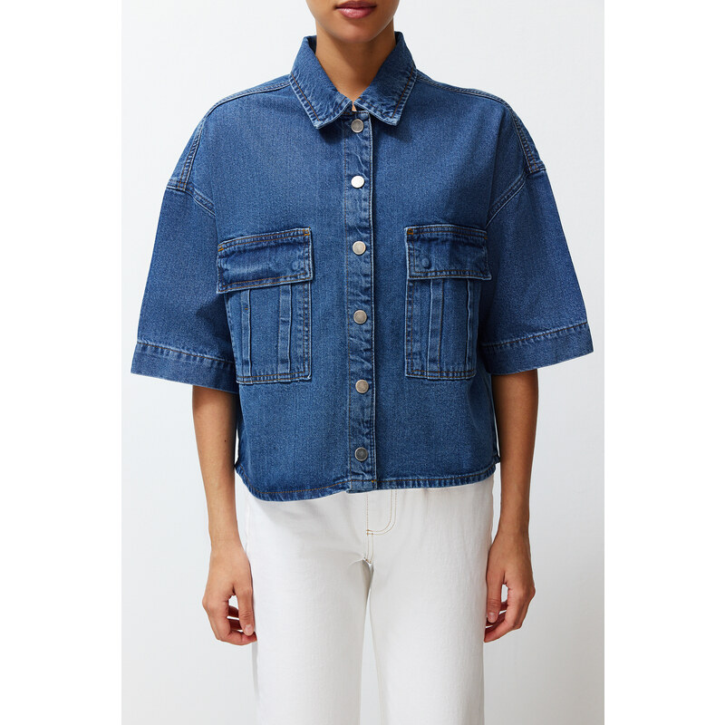 Trendyol Blue Short Sleeve Pocket Detailed Denim Shirt