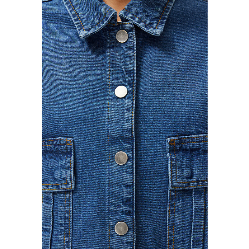 Trendyol Blue Short Sleeve Pocket Detailed Denim Shirt