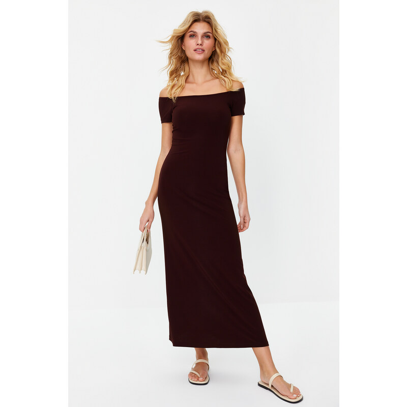 Trendyol Brown Carmen Collar Fitted/Slippery Knitted Maxi Dress